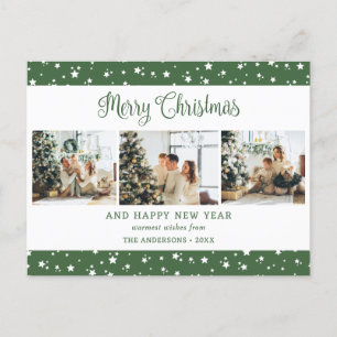 Cute Modern Green 3 Photo Collage Stars Holiday Postcard