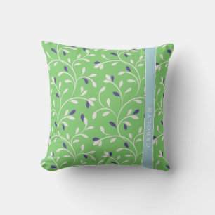 Cute modern green curly leaves pattern monogram cushion