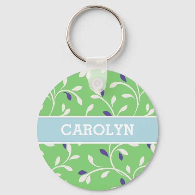 Cute modern green curly leaves pattern monogram key ring (Front)