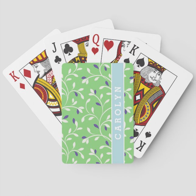 Cute modern green curly leaves pattern monogram playing cards (Back)
