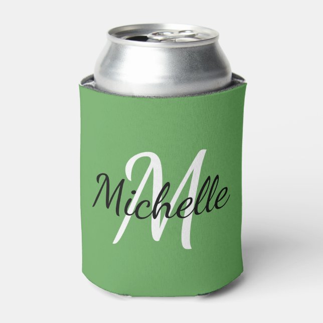Cute Modern Green Monogram Name + Initial Template Can Cooler (Can Front)
