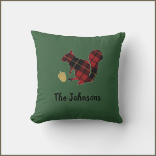 Cute Modern Green Plaid Squirrel and Acorn Cushion