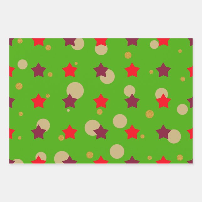 Cute Modern Green Red Stars Christmas Gift Wrapping Paper Sheet (Front)