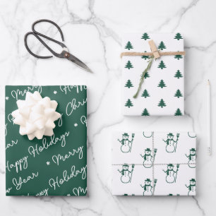 Cute Modern Green Snowman Christmas Trees Script Wrapping Paper Sheet