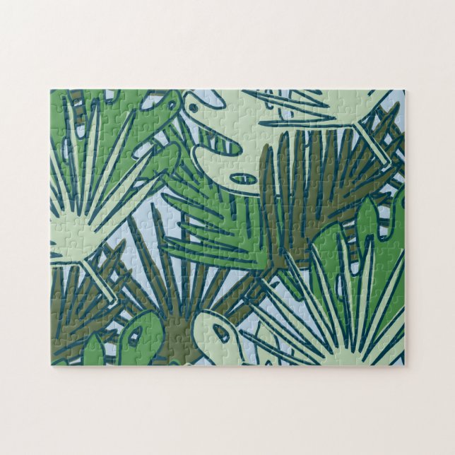 Cute Modern Green Tropical Leaves Pattern Jigsaw Puzzle (Horizontal)