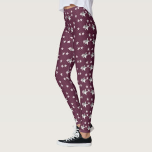Cute Modern Grey and Burgundy Stylish Stars Leggings