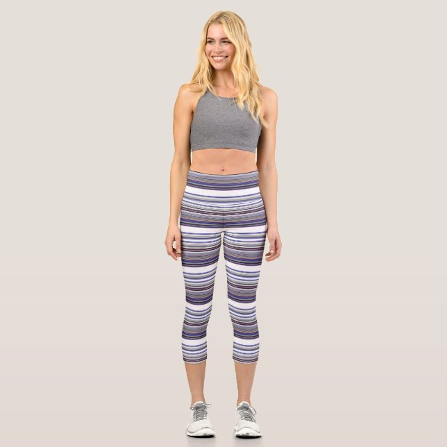 Cute modern grey blue stripes capri leggings (Front)