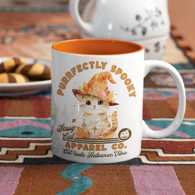 Cute Modern Halloween Spooky Kitty Cat Lover Two-Tone Coffee Mug (Creator Uploaded)
