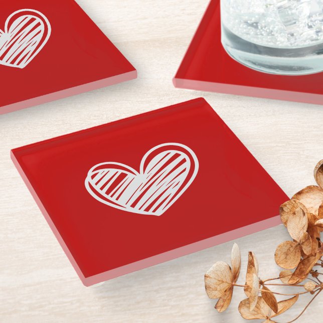 Cute Modern Heart White And Red Minimalist Elegant Glass Coaster (Creator Uploaded)
