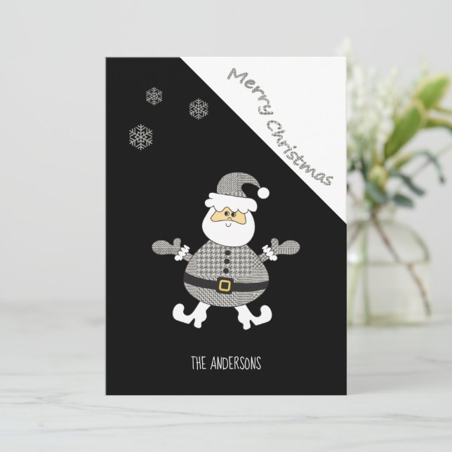 Cute Modern Houndstooth Santa Snowflake Holiday Card (Standing Front)