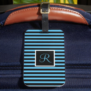Cute Modern Initial Letter Blue and Black Striped Luggage Tag