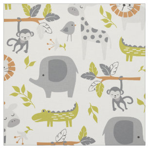 Cute Modern Jungle in Grey Green and Orange Fabric