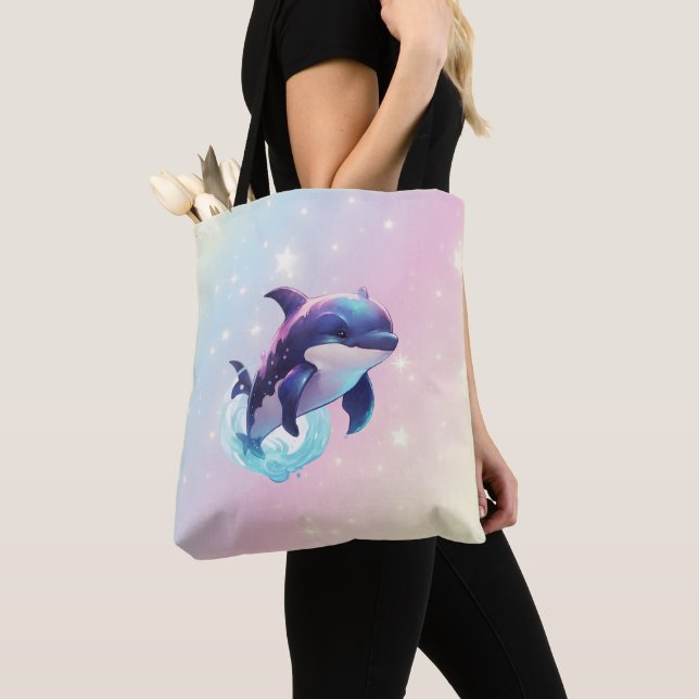 Cute Modern Kawaii Orca Killer Whale Pink and Blue Tote Bag (Close Up)