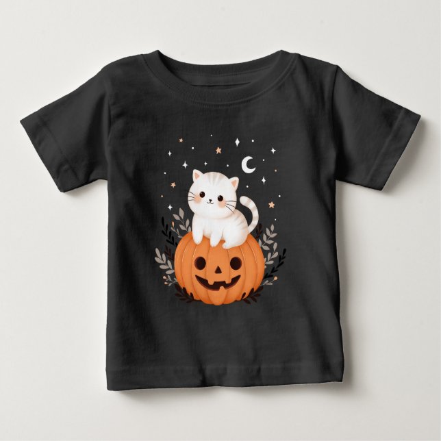 Cute Modern Kitten On Pumpkin Halloween Baby T-Shirt (Front)