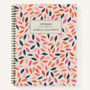 Cute Modern Leaves Pink Blue Personalised Recipe Notebook