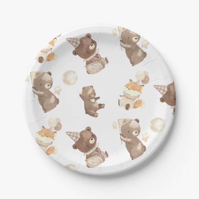 Cute Modern Little Bear 1st Birthday Paper Plate (Front)