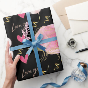Cute Modern Love You Floral Hearts Black Wrapping Paper