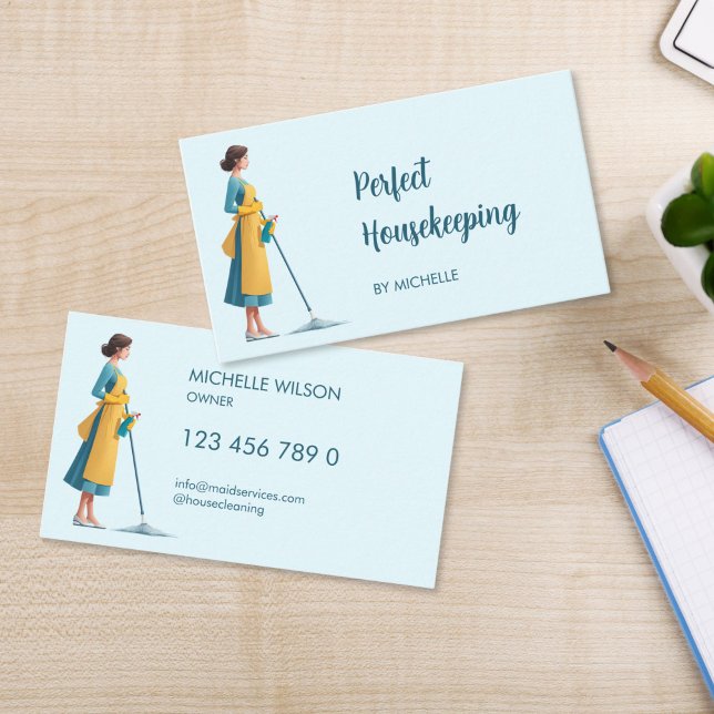 Cute Modern Maid Cleaning Housekeeping Services Business Card (maid illustration of a cleaning lady holding a mop and a spray bottle, blue dress with yellow )