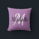 Cute Modern Minimal Purple & White Monogram  Cushion<br><div class="desc">Throw pillow with a purple background and white custom monogram first initial and first name.</div>