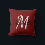 Cute Modern Minimal Red & White Monogram Cushion<br><div class="desc">Throw pillow with a dark red background and white custom monogram first initial and first name.</div>