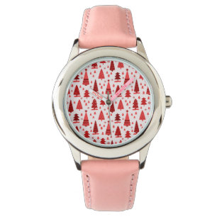 Cute Modern Minimalist Christmas Tree Forest Red Watch