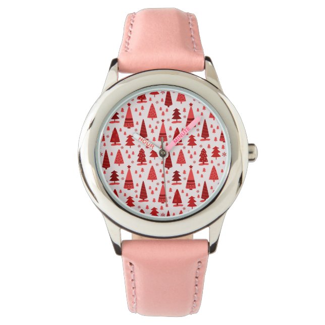 Cute Modern Minimalist Christmas Tree Forest Red Watch (Front)