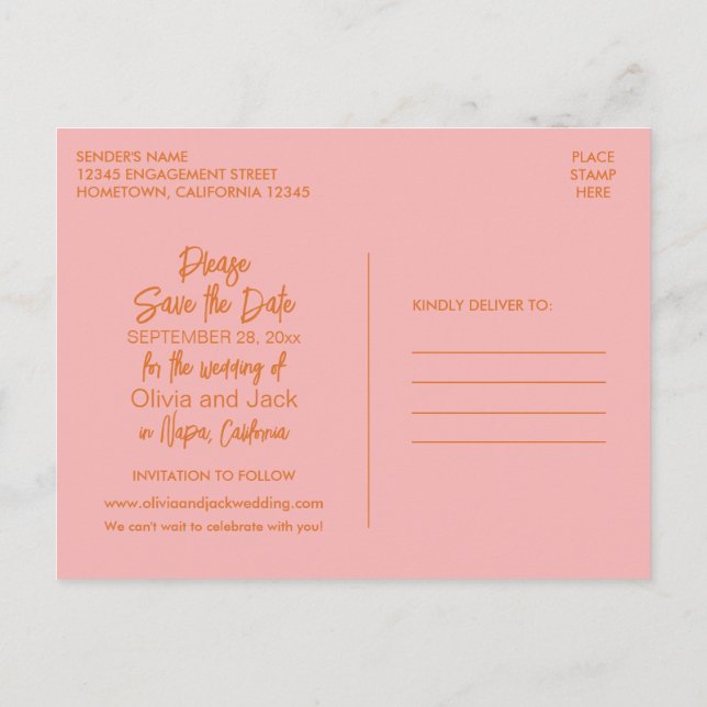 Cute Modern Minimalist Orange Pink Save the Date Postcard (Back)