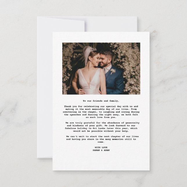 Cute Modern Minimalist Overlay Text Wedding Thank You Card (Back)