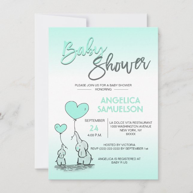 Cute Modern MINT Mummy Elephant & Baby Shower Invitation (Front)