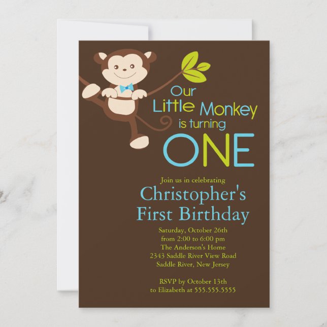 Cute Modern Monkey 1st Birthday Party Invitations (Front)