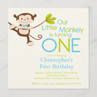 Cute Modern Monkey 1st Birthday Party Invitations