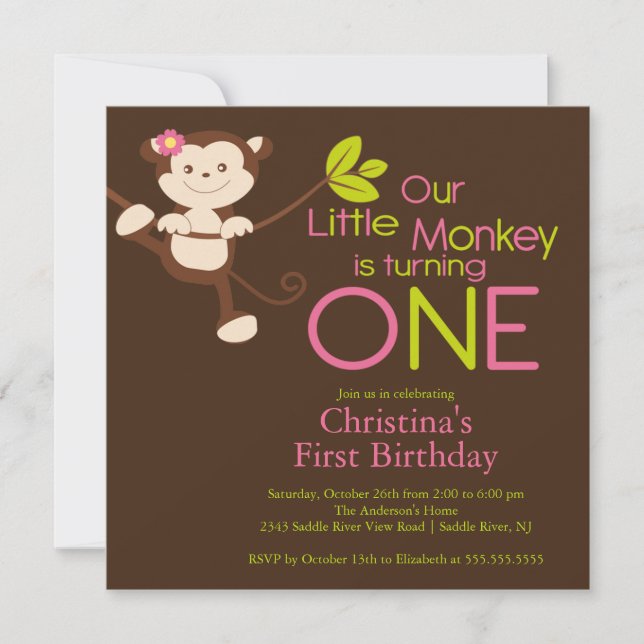 Cute Modern Monkey 1st Birthday Party Invitations (Front)