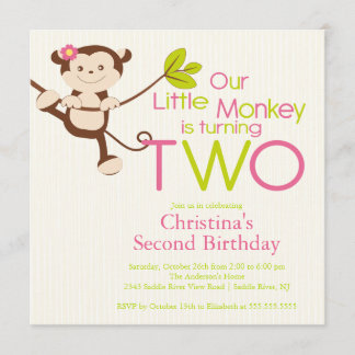 Cute Modern Monkey 2nd Birthday Party Invitations