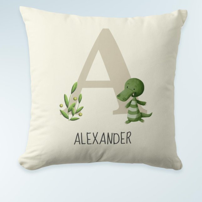 Cute Modern Monogram Letter A Alligator Nursery Cushion (Cute monogrammed letter A baby pillow with an alligator)