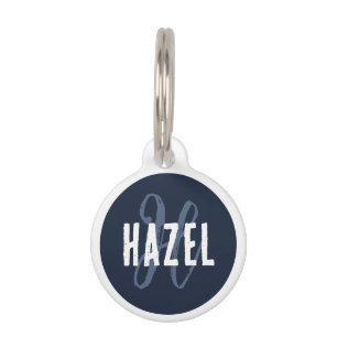 Cute Modern Monogrammed White and Navy Blue Pet Tag