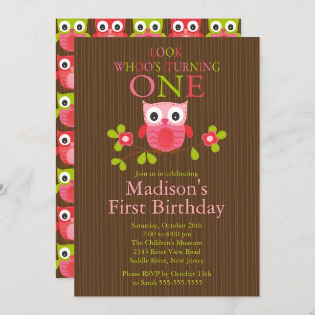 Cute Modern Owl 1st Birthday Party Invitations (Front/Back)