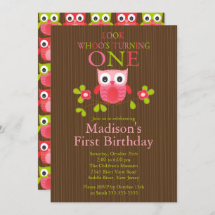 Cute Modern Owl 1st Birthday Party Invitations