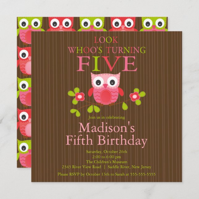 Cute Modern Owl 5th Birthday Party Invitations (Front/Back)
