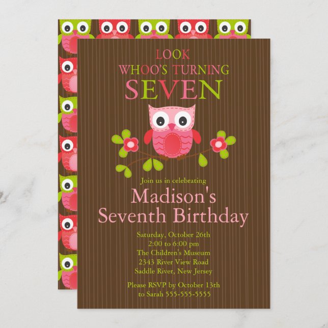 Cute Modern Owl 7th Birthday Party Invitations (Front/Back)