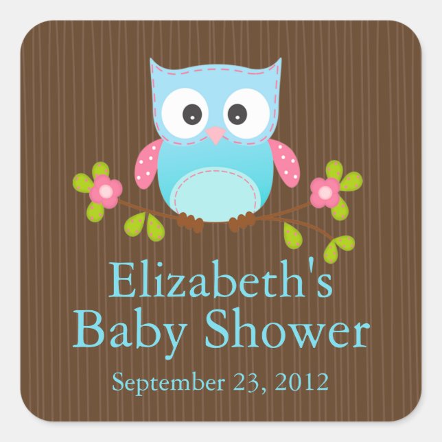 Cute Modern Owl Baby Shower Square Sticker (Front)