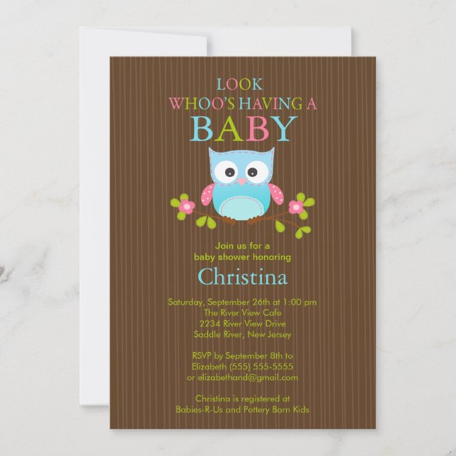 Cute Modern Owl Boys Baby Shower Invitations (Front)