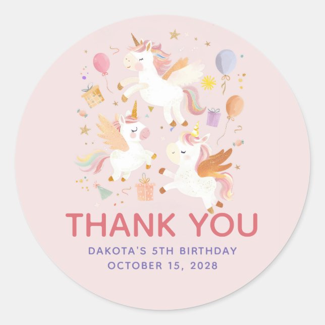 Cute Modern Pastel Unicorns Birthday Thank You Classic Round Sticker (Front)