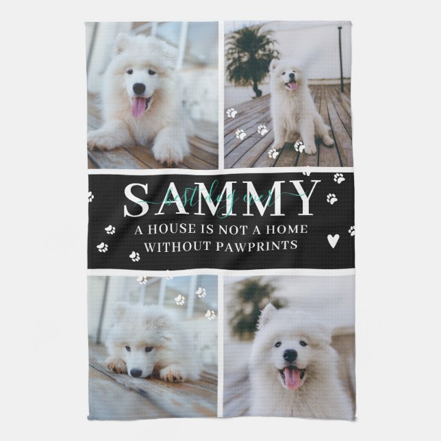 Cute Modern Paw Prints Personalised Pet Name Photo Tea Towel (Vertical)
