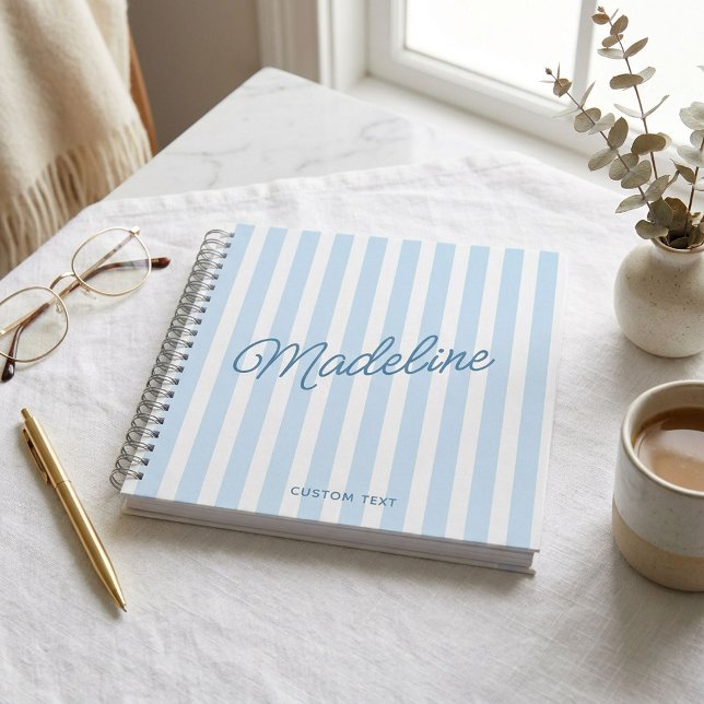 Cute Modern Personalised Coastal Blue Striped Notebook (Creator Uploaded)