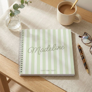 Cute Modern Personalised Sage Green Striped Notebook