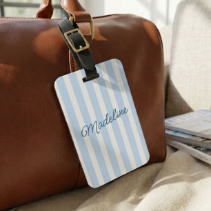 Cute Modern Personalized Coastal Blue Striped Luggage Tag