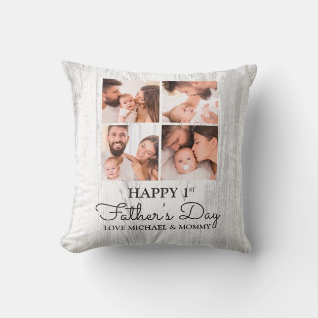 Cute Modern Photo Collage Happy First Fathers Day Cushion (Front)