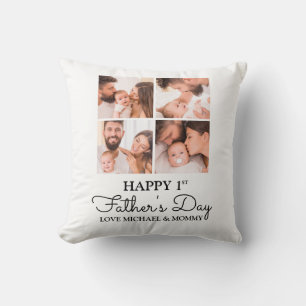 Cute Modern Photo Collage Happy First Fathers Day Cushion