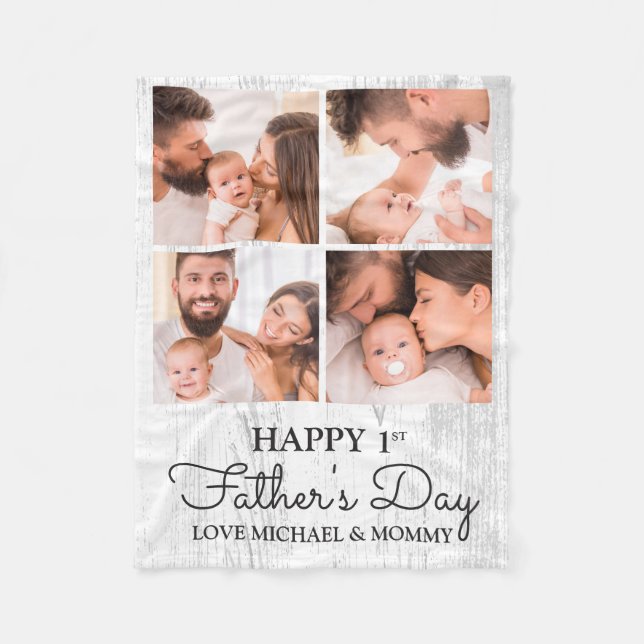 Cute Modern Photo Collage Happy First Fathers Day Fleece Blanket (Front)