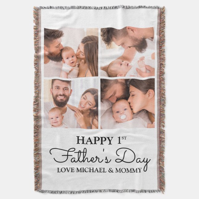 Cute Modern Photo Collage Happy First Fathers Day Throw Blanket (Front Vertical)
